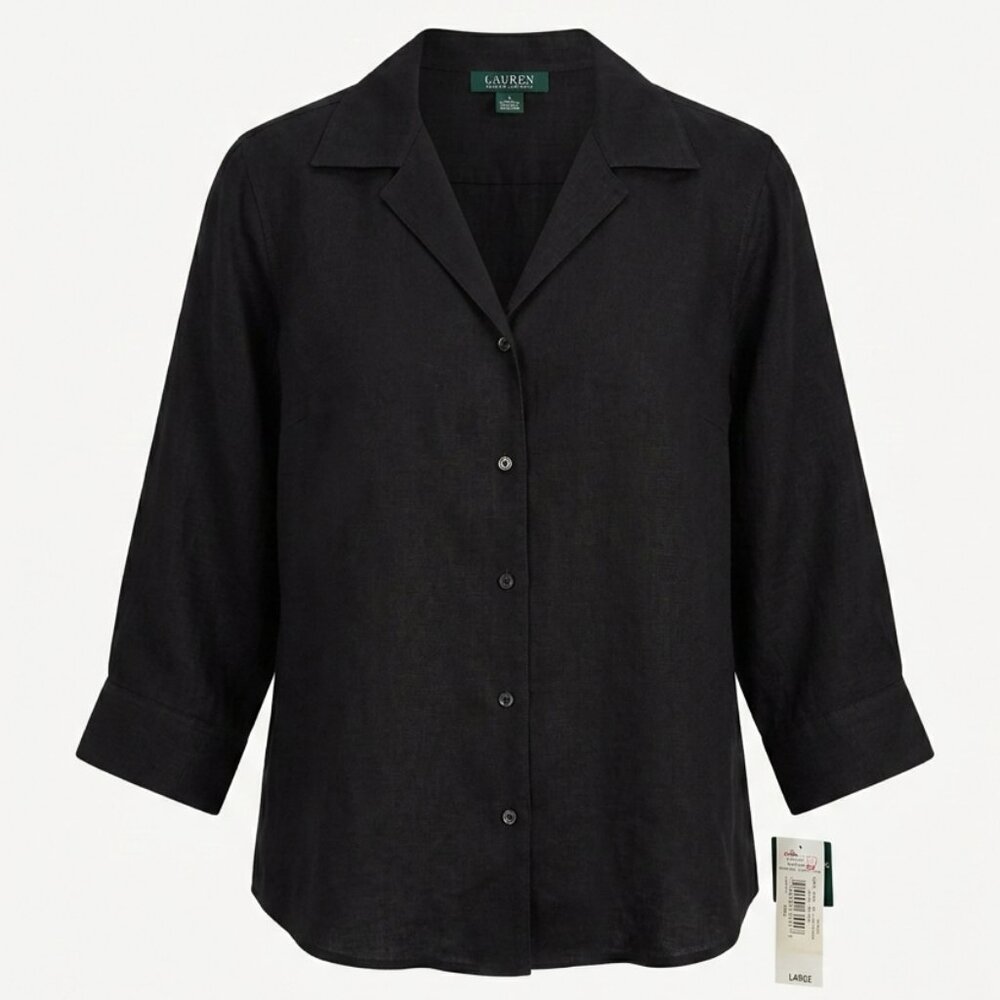 Lauren Ralph Lauren Black 100% Linen 3/4 Sleeve Shirt Size Large NWT Button Down